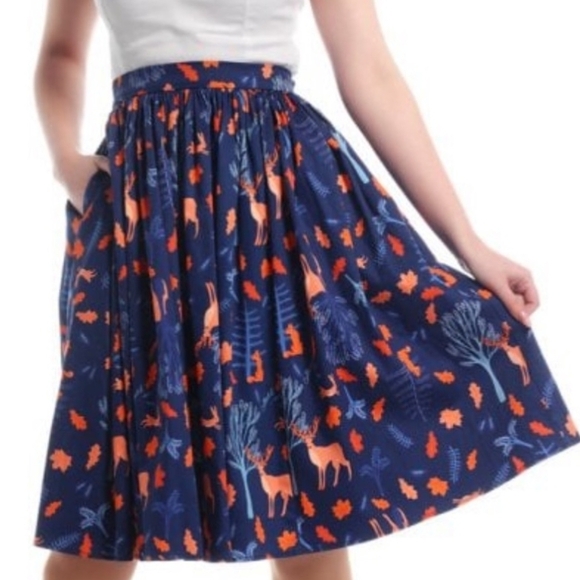 Collectif A-Line Skirt with Blue and Orange Print - Picture 1 of 5